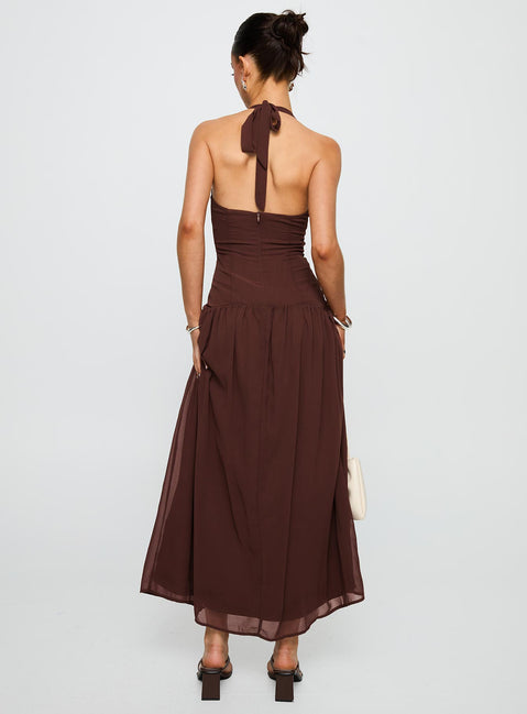 back view of model wearing Princess Polly Chestnut Drop Waist Maxi Dress Brown Plunger 