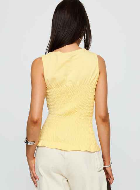 back view of model wearing Princess Polly Maybe Tomorrow Ruched Sleeveless Top Lemon Sleeveless Crew Neck 