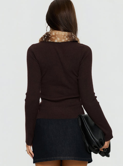 back view of model wearing Princess Polly Chiqueeta Faux Fur Trim Knit Cardigan Brown cropped Jumpers 