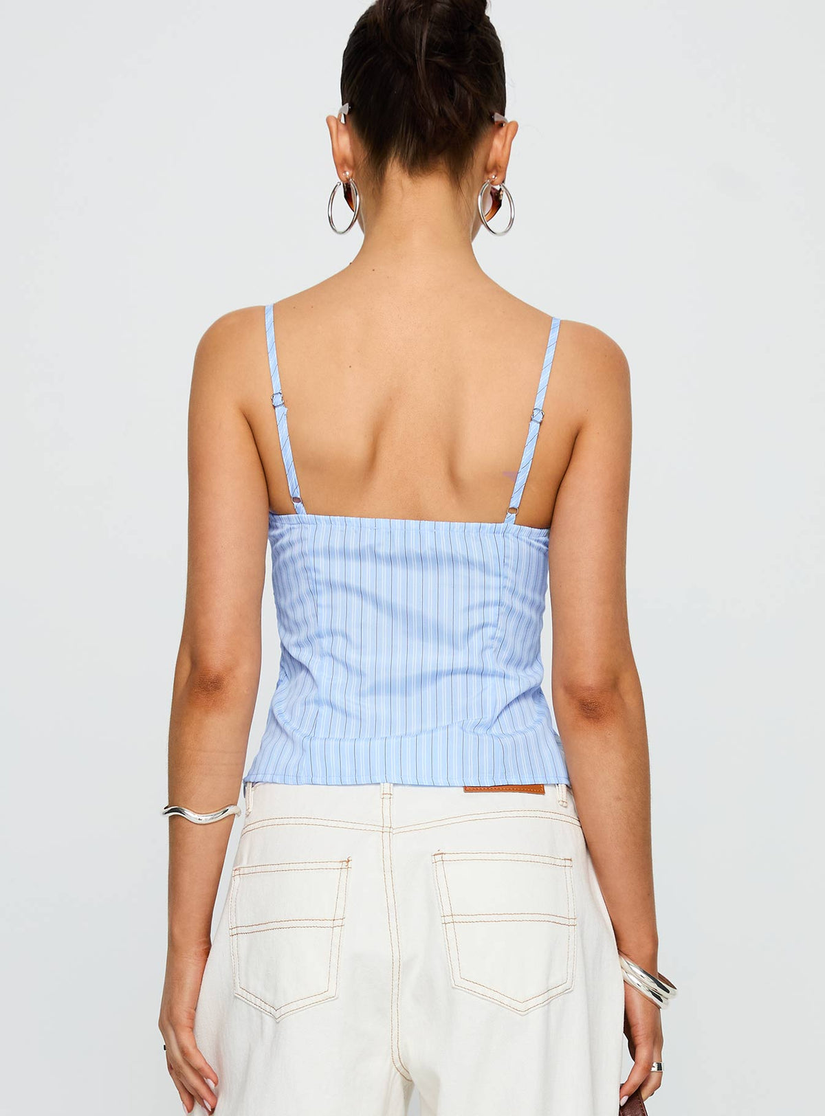 back view of model wearing Princess Polly Isolabella Top Blue Stripe Sleeveless Square Neck 