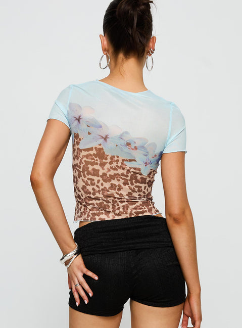 back view of model wearing Princess Polly Pop Quiz Mesh Top Blue / Leopard Short Sleeves Crew Neck 