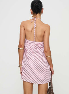 back view of model wearing Princess Polly Moonlit Mini Dress Pink Stripe Petite Asymmetric Neckline 