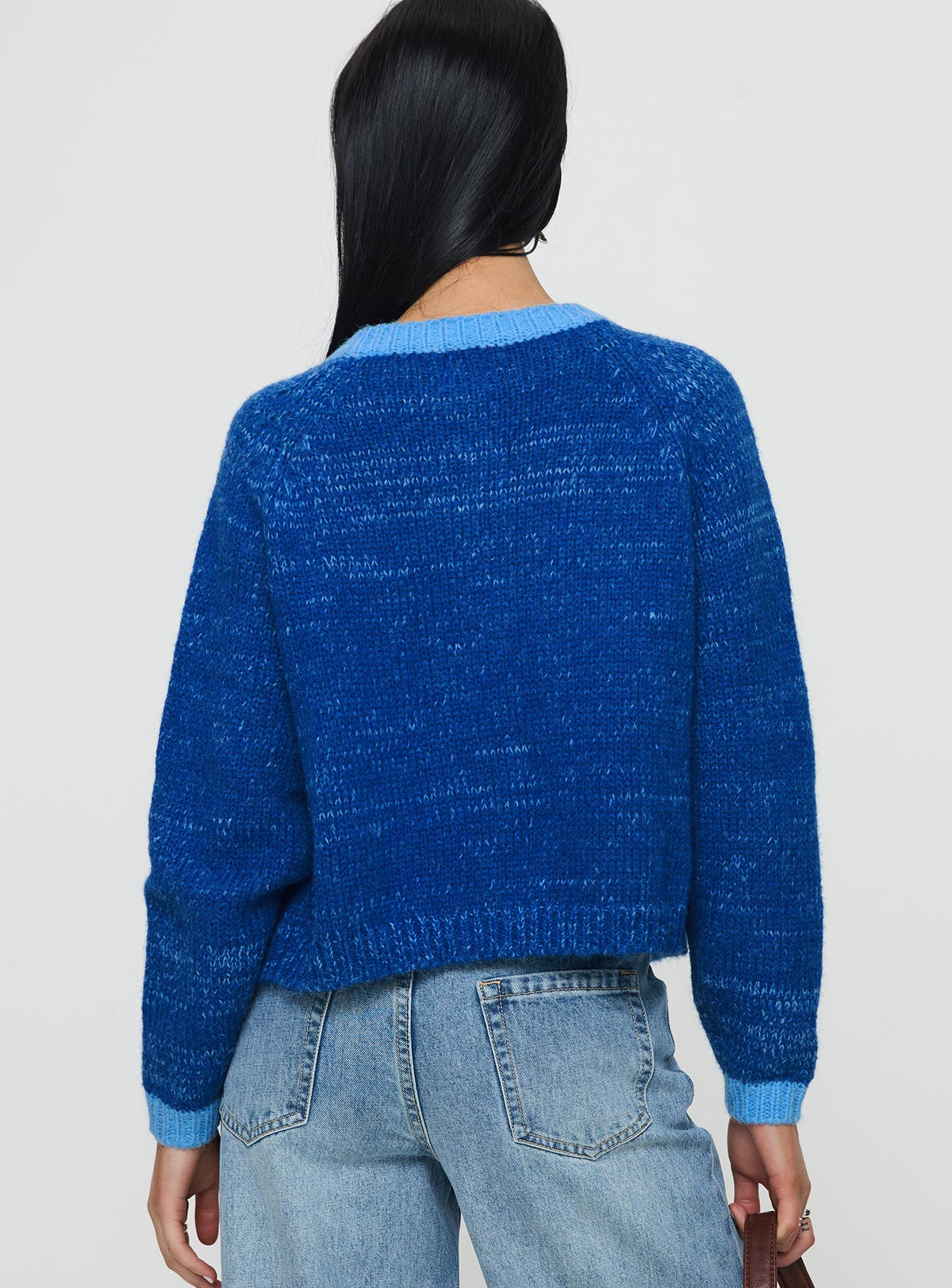 back view of model wearing Princess Polly Oak Meadow Cardigan Blue Jumpers 