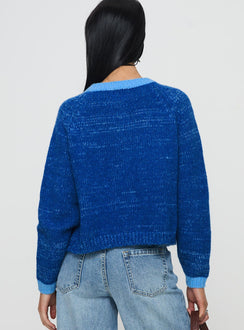 back view of model wearing Princess Polly Oak Meadow Cardigan Blue Jumpers 