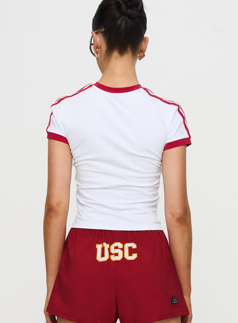 back view of model wearing Princess Polly USC Goalie Baby Tee White Short Sleeves Crew Neck 