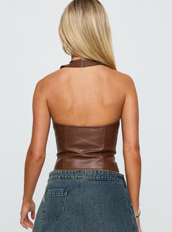 back view of model wearing Princess Polly Light On Tie Up Faux Leather Top Chocolate Sleeveless Plunger 