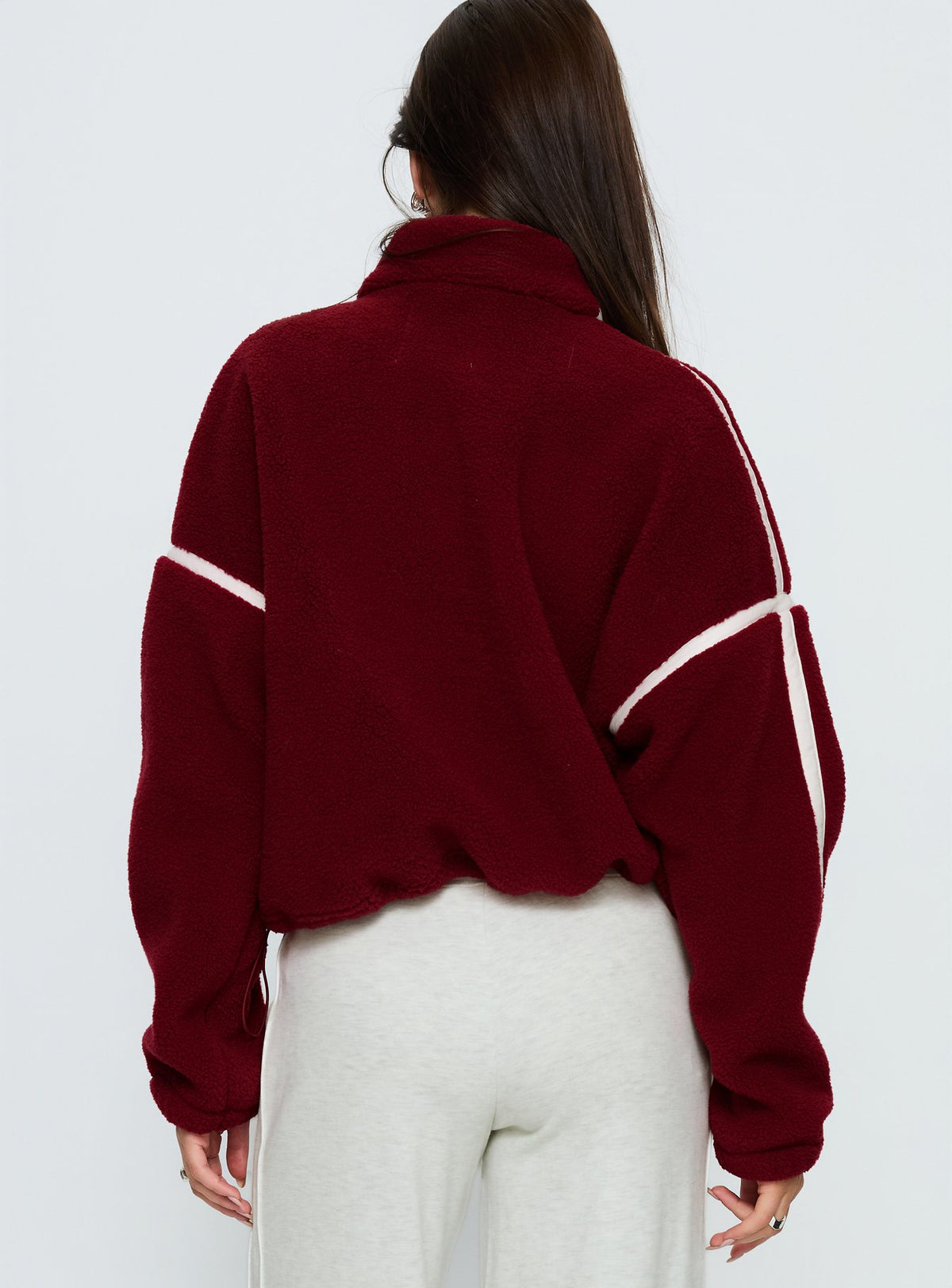 back view of model wearing Princess Polly Sammee Polar Fleece Contrast Zip Through Jacket Red Cropped Jumpers Jumpers 