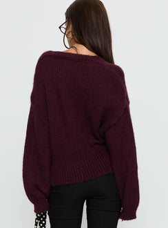 back view of model wearing Princess Polly Yasmyn Knit Cardigan Burgundy Longline Jumpers Jumpers 