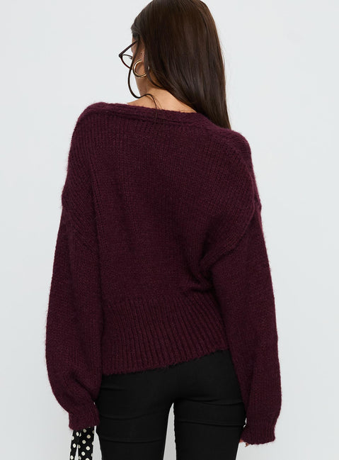 back view of model wearing Princess Polly Yasmyn Knit Cardigan Burgundy Longline Jumpers Jumpers 