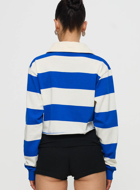 back view of model wearing Princess Polly UCSD Rugby Polo Navy / White Full Sleeves V-Neck 