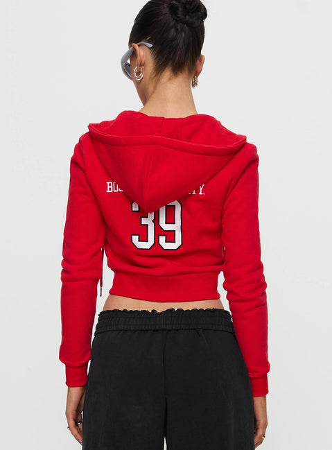 back view of model wearing Princess Polly BU MIA Zip Sweater Red cropped Jumpers 