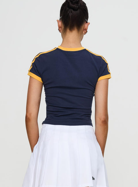 back view of model wearing Princess Polly UCSD Goalie Baby Tee Navy Short Sleeves Crew Neck 