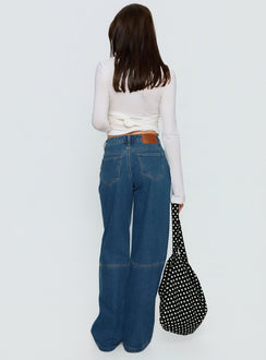back view of model wearing Princess Polly Lando Low Rise Straight Leg Jeans Mid Blue Wash Mid Rise Jeans Jeans 