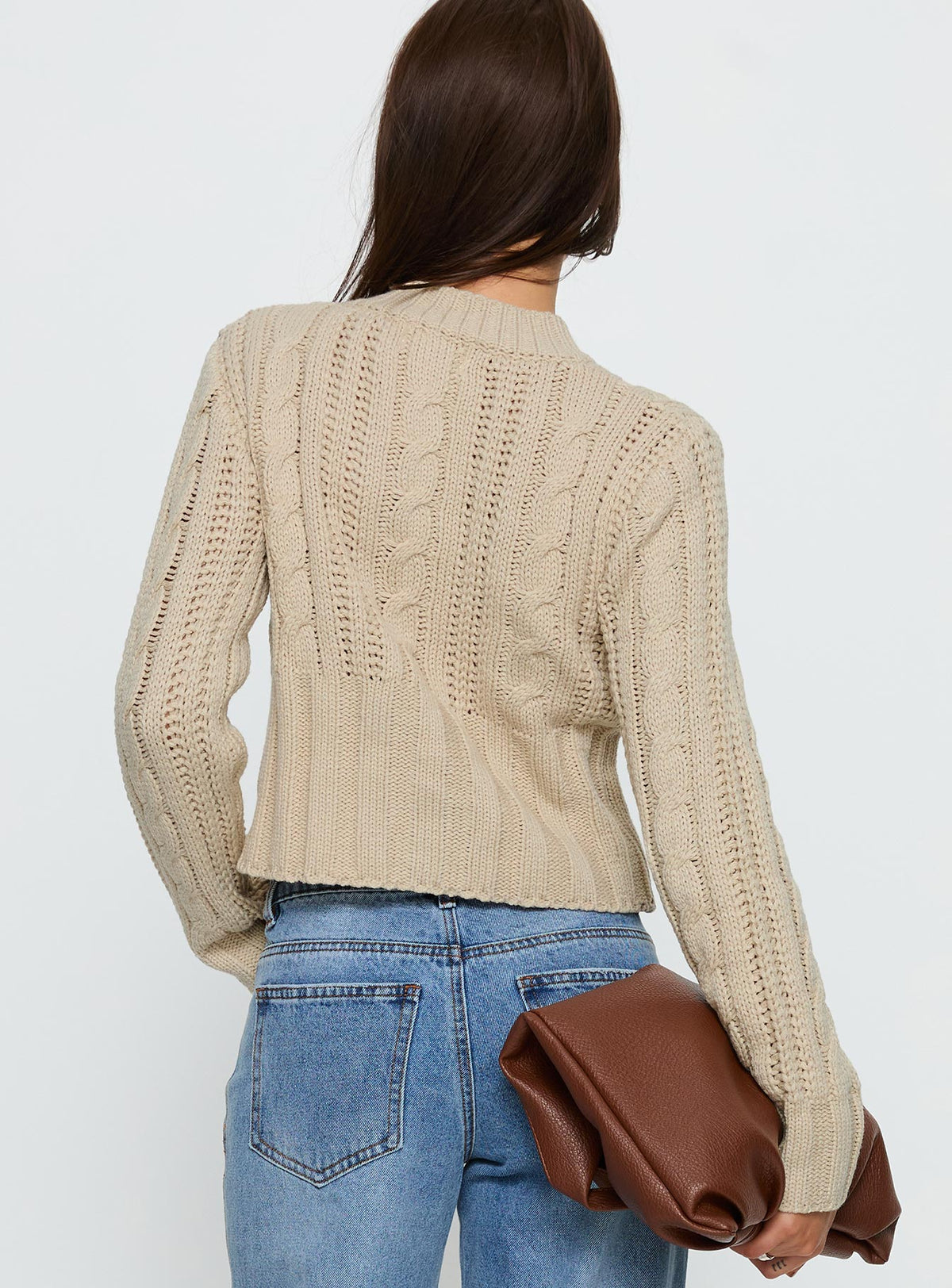 back view of model wearing Princess Polly Donielle Cable Knit Cardigan Beige cropped Jumpers 