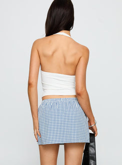 back view of model wearing Princess Polly Impress Me Halter Top White Full Sleeves Plunger 