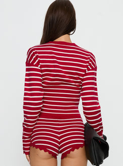 back view of model wearing Princess Polly Head In The Clouds Cardigan Crimson Stripe Jumpers 