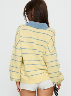 back view of model wearing Princess Polly Minda Collared Knit Sweater Yellow Stripe Jumpers 