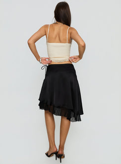 back view of model wearing Princess Polly Rosemead Satin Midi Skirt Black Midi Skirts Skirts 