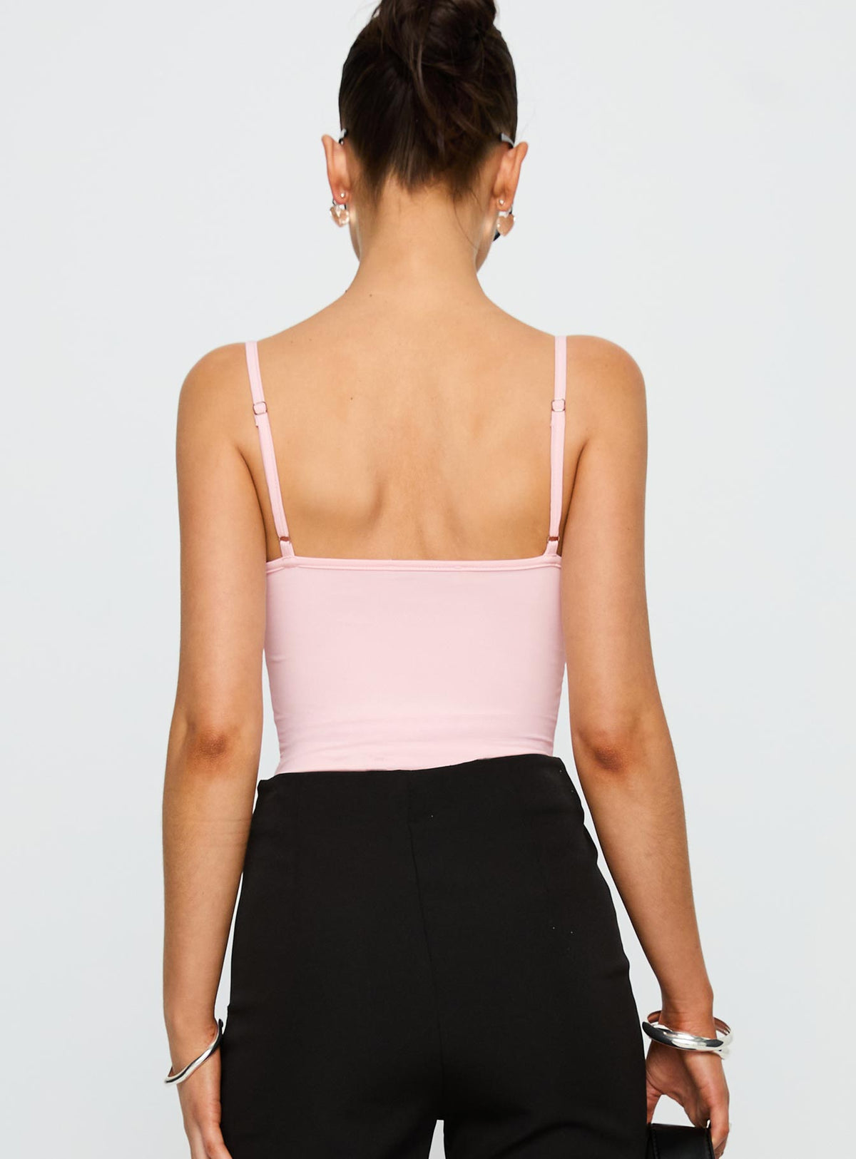 back view of model wearing Princess Polly Aetherial Lace Detail Bodysuit Pink Sleeveless Bodysuit 