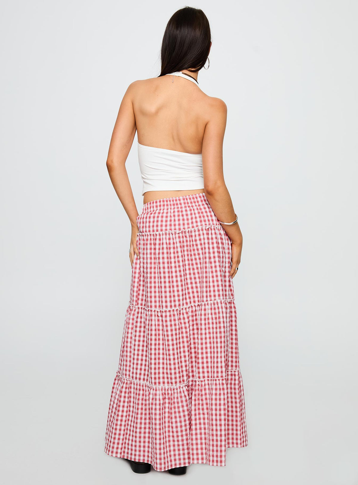 back view of model wearing Princess Polly Ilaina Tiered Maxi Skirt Red Check Maxi Skirts Skirts 