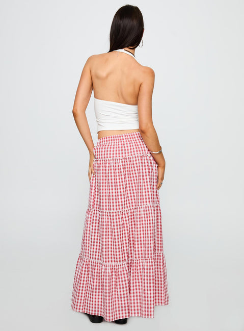 back view of model wearing Princess Polly Ilaina Tiered Maxi Skirt Red Check Maxi Skirts Skirts 