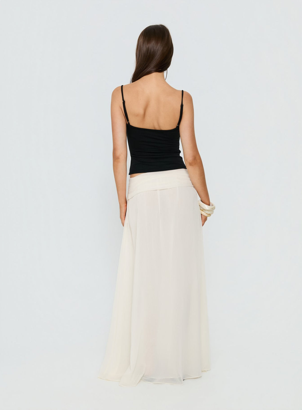 back view of model wearing Princess Polly Kaledia Chiffon Draped Maxi Skirt Cream Maxi Skirts Skirts 