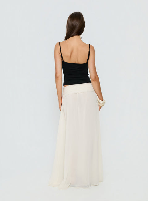 back view of model wearing Princess Polly Kaledia Chiffon Draped Maxi Skirt Cream Maxi Skirts Skirts 