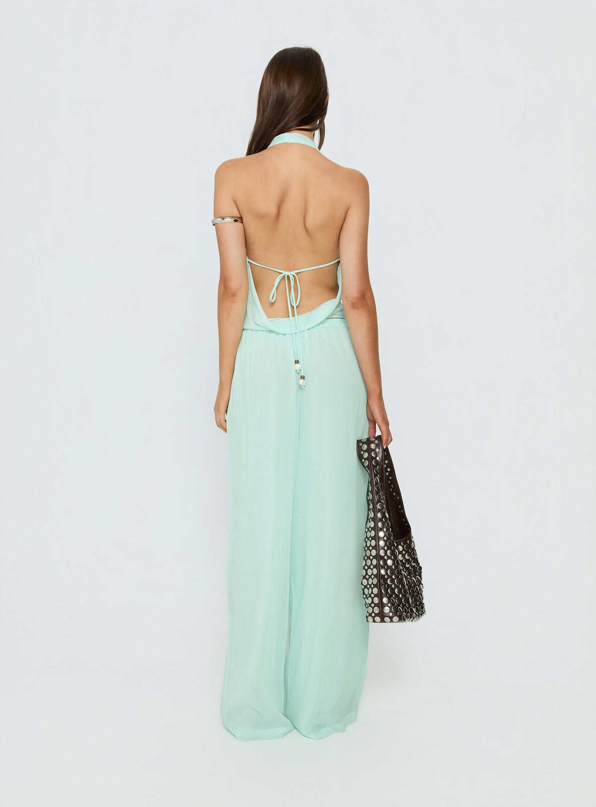 back view of model wearing Princess Polly Distinction Chiffon Pants Aqua Mid Rise Pants Pants 