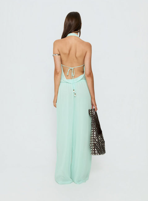 back view of model wearing Princess Polly Distinction Chiffon Pants Aqua Mid Rise Pants Pants 