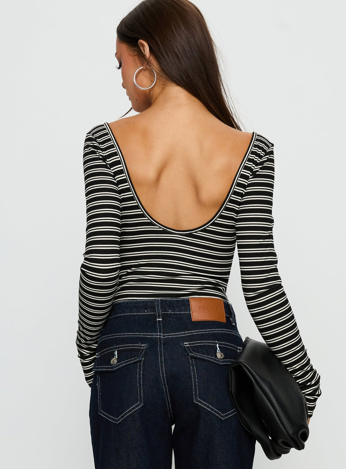 back view of model wearing Princess Polly Donica Square Neck Long Sleeve Bodysuit Grey Stripe Long Sleeve Tops Bodysuit 