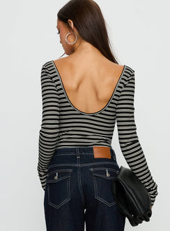 back view of model wearing Princess Polly Donica Square Neck Long Sleeve Bodysuit Grey Stripe Long Sleeve Tops Bodysuit 
