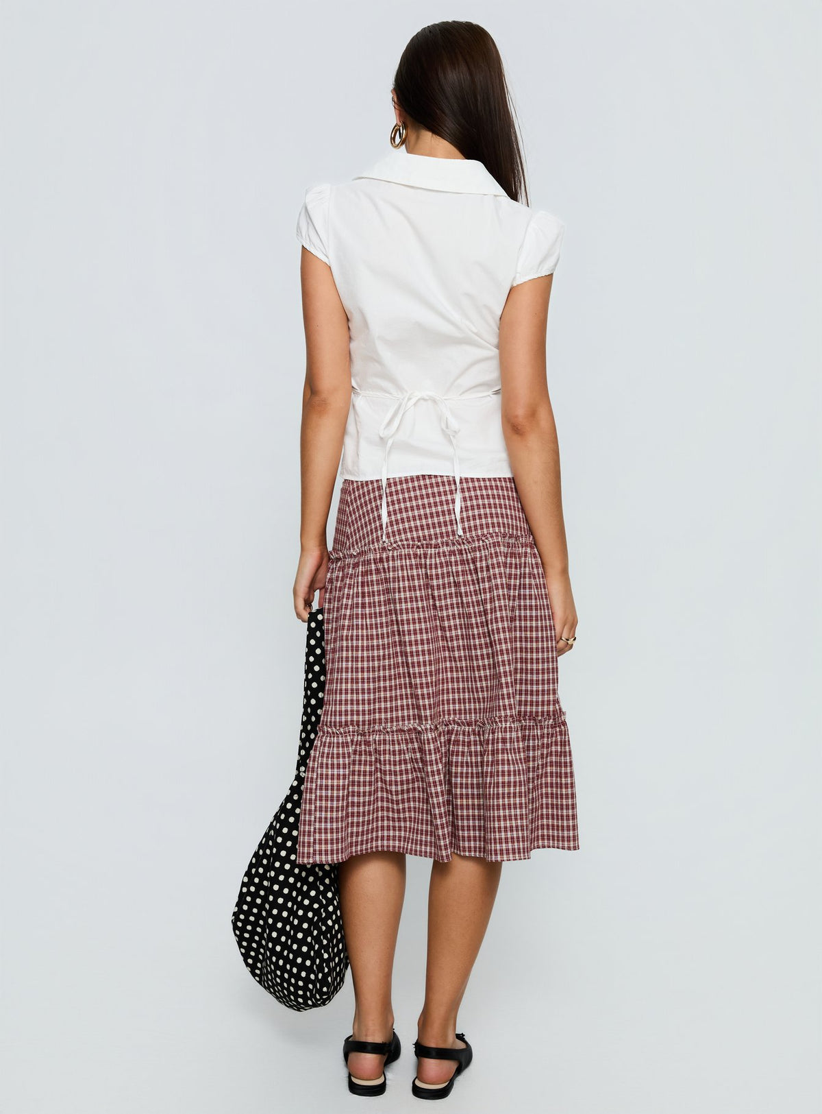 back view of model wearing Princess Polly Cascades Low Rise Midi Skirt Red Check Midi Skirts Skirts 