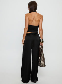 back view of model wearing Princess Polly Soulstar Satin Pants Black High Rise Pants Pants 