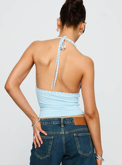 back view of model wearing Princess Polly Mirabelle Top Blue Sleeveless Plunger 