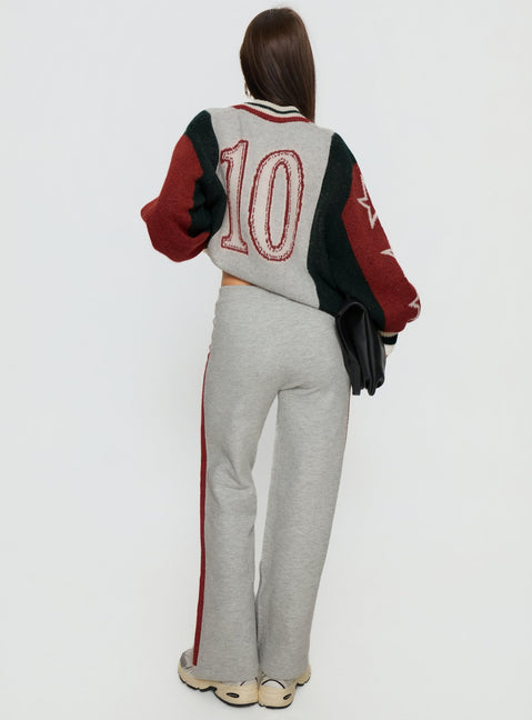 back view of model wearing Princess Polly Brandyce Straight Leg Knit Pants Grey / Red High Rise Pants Pants 