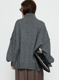 back view of model wearing Princess Polly Patrizia Funnel Neck Knit Sweater Grey Long 