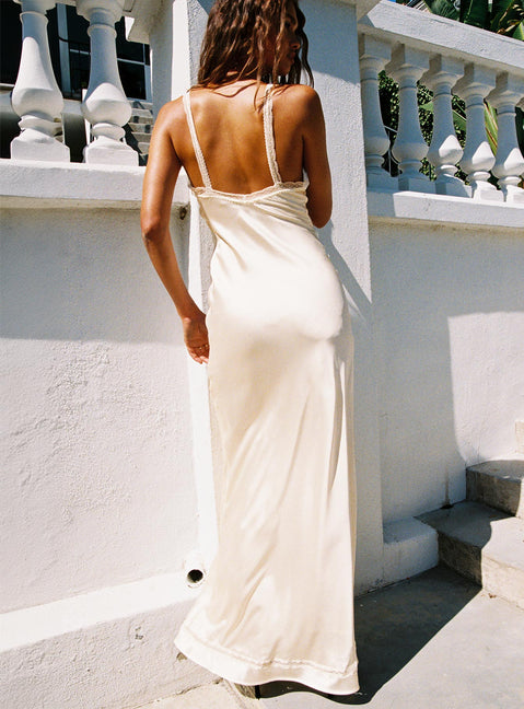 back view of model wearing Princess Polly Aphrodyte Lace Maxi Dress Cream Plunger 