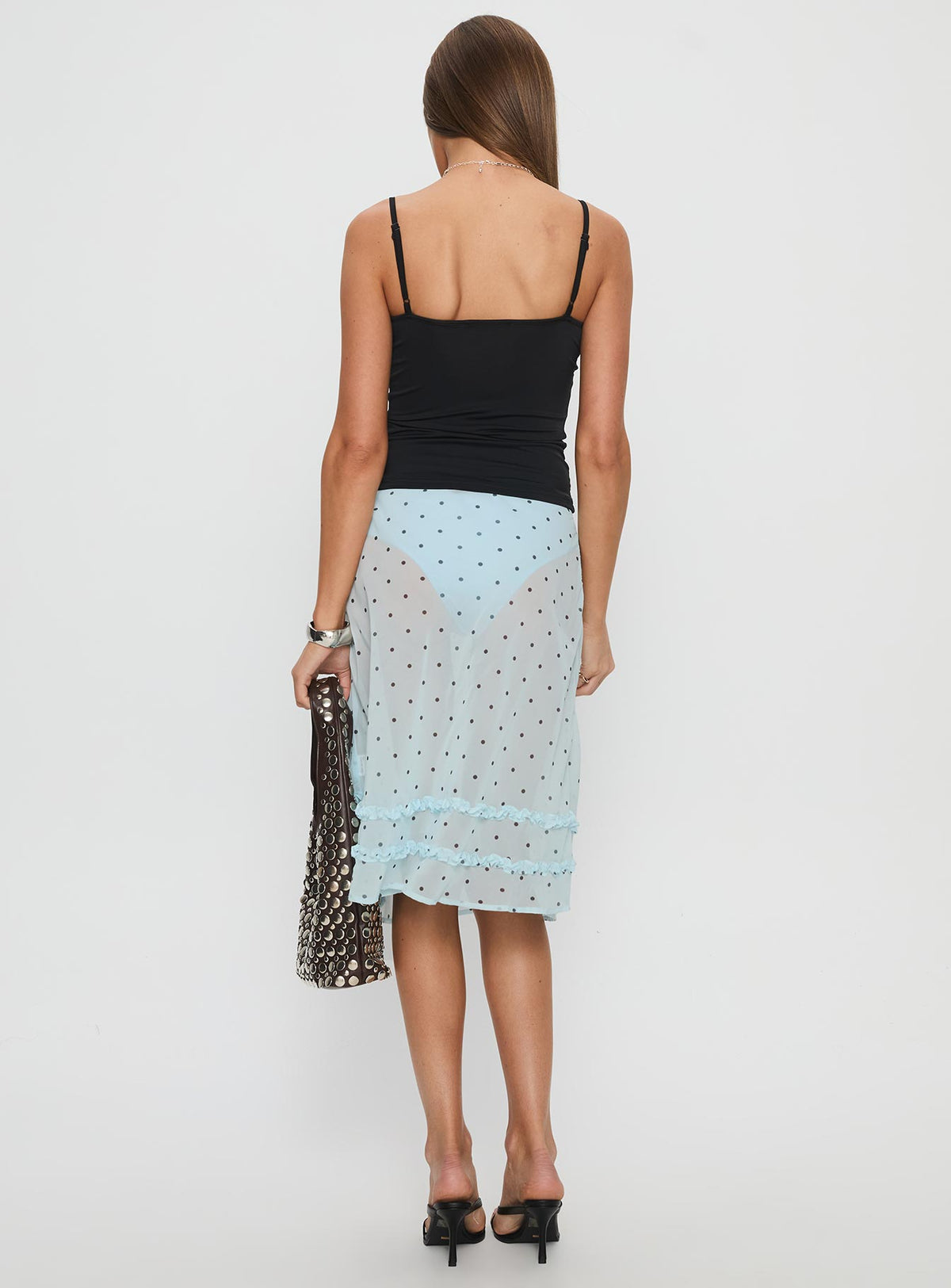 back view of model wearing Princess Polly Lyza Sheer Midi Skirt Blue Polka Midi Skirts Skirts 