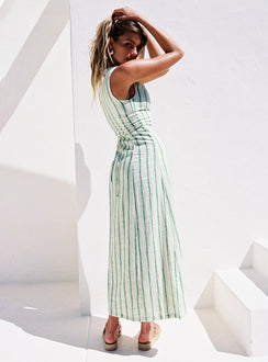 side view of model wearing Princess Polly Lewisa Maxi Dress Green Stripe Tall High Neck 