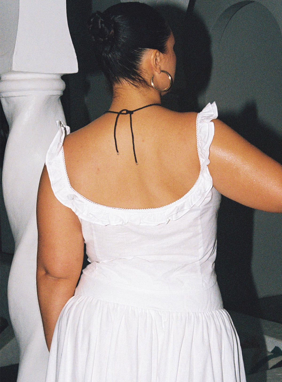 back view of model wearing Princess Polly Isadoria Frill Top White Curve Sleeveless Scoop Neck 