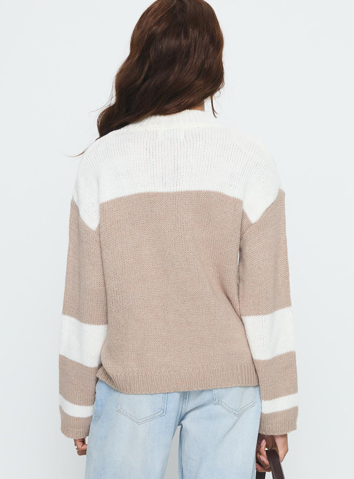 back view of model wearing Princess Polly Brandalyn Contrast Mock Neck Knit Sweater Multi Jumpers 