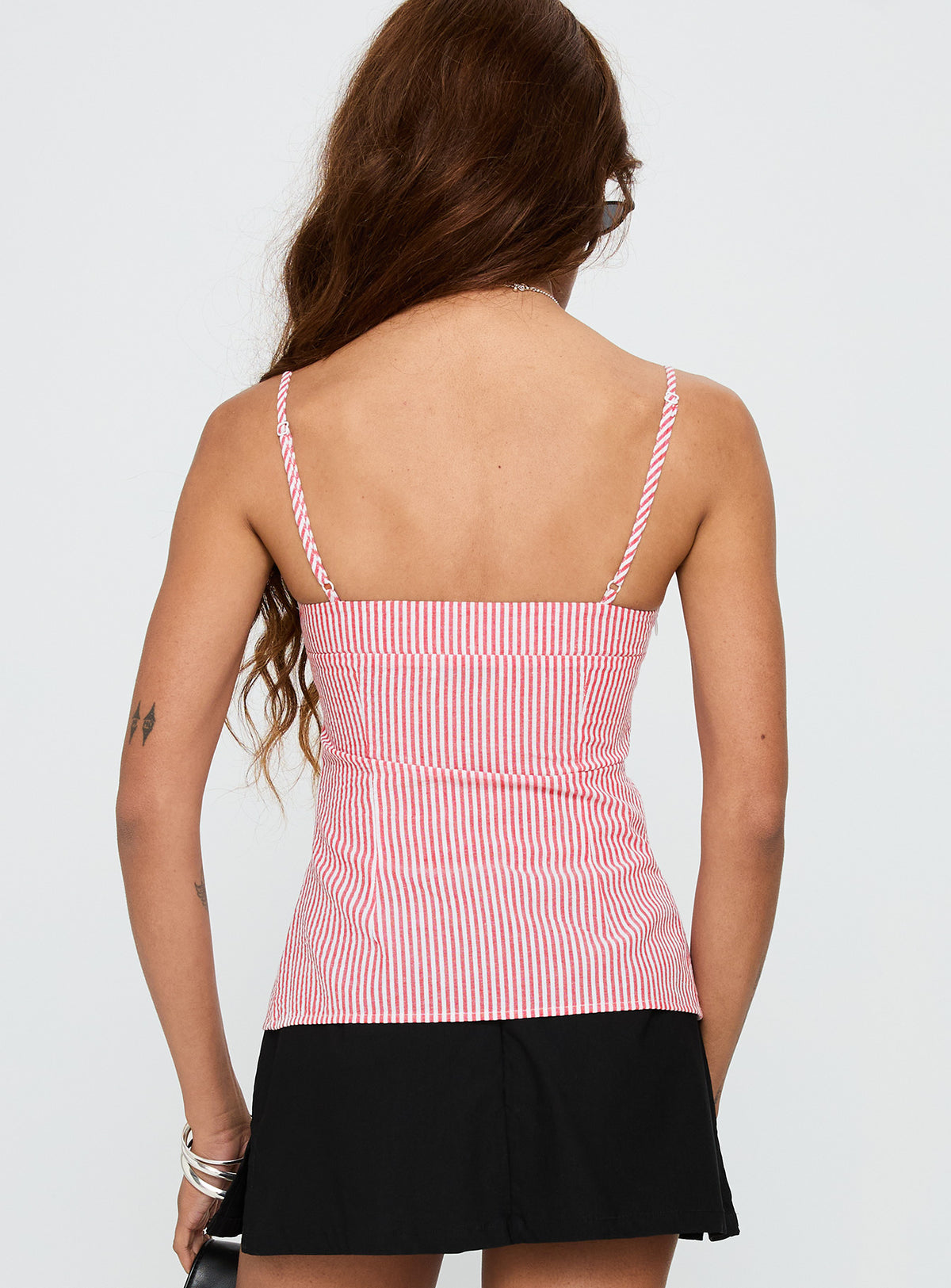 back view of model wearing Princess Polly In Your Palm Top Red Stripe Sleeveless Sweetheart 