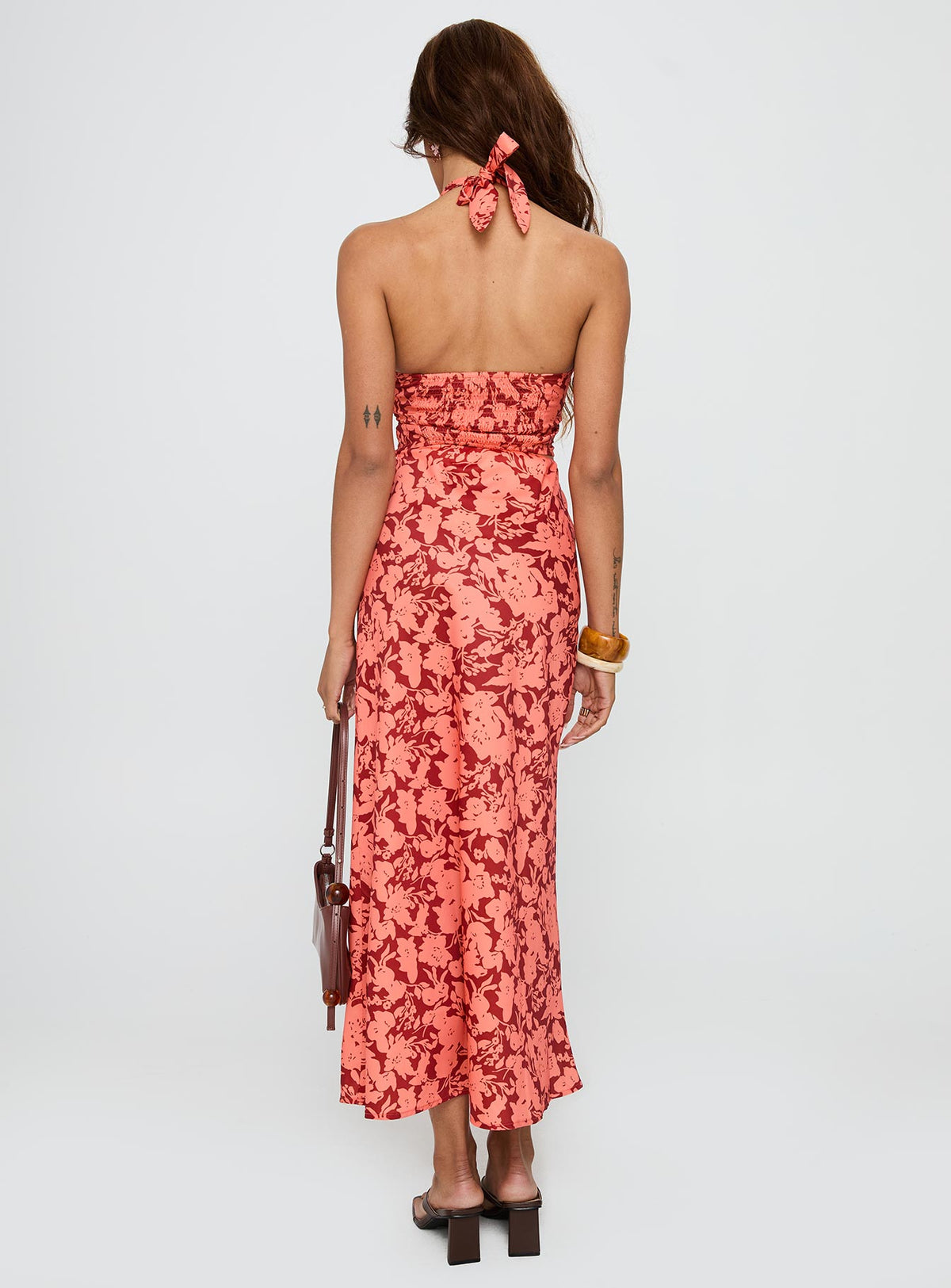 back view of model wearing Princess Polly Casablanca Maxi Skirt Red Floral Maxi Skirts Skirts 