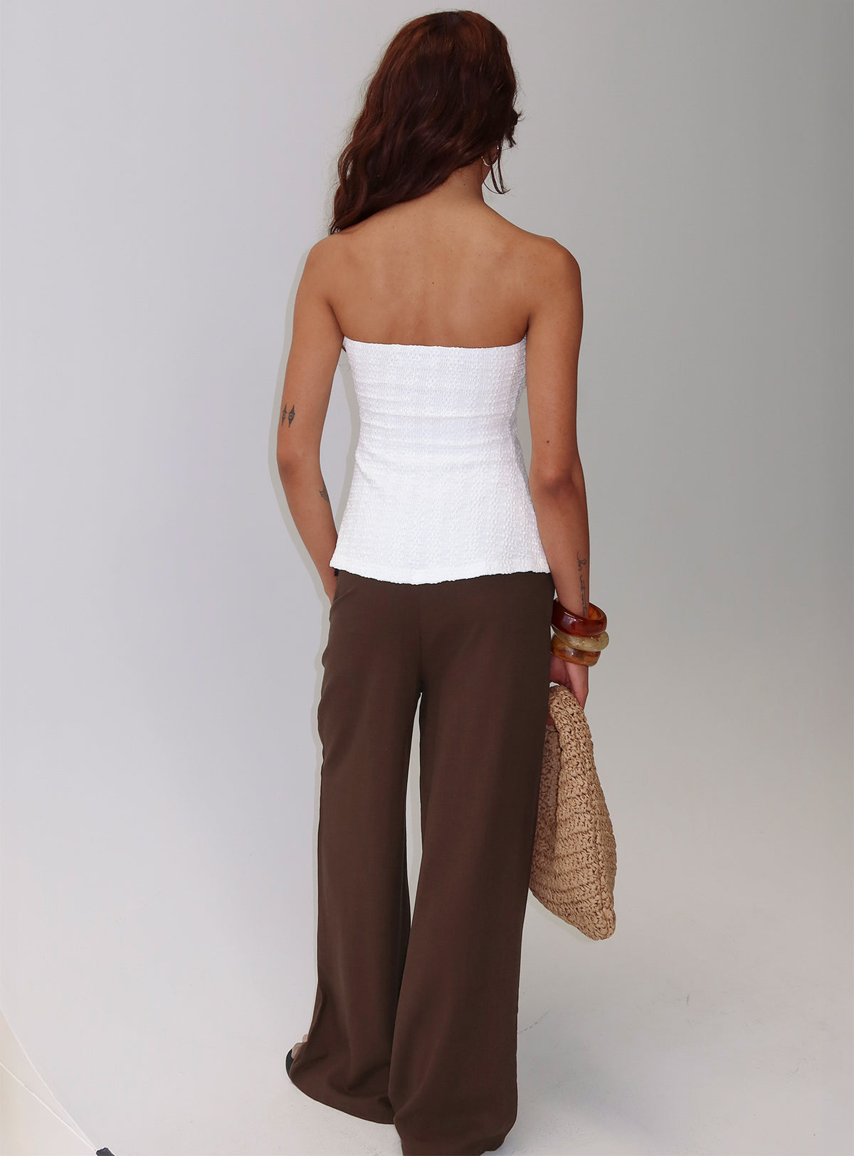 back view of model wearing Princess Polly Parklea Pants Chocolate Brown High Rise Pants Pants 