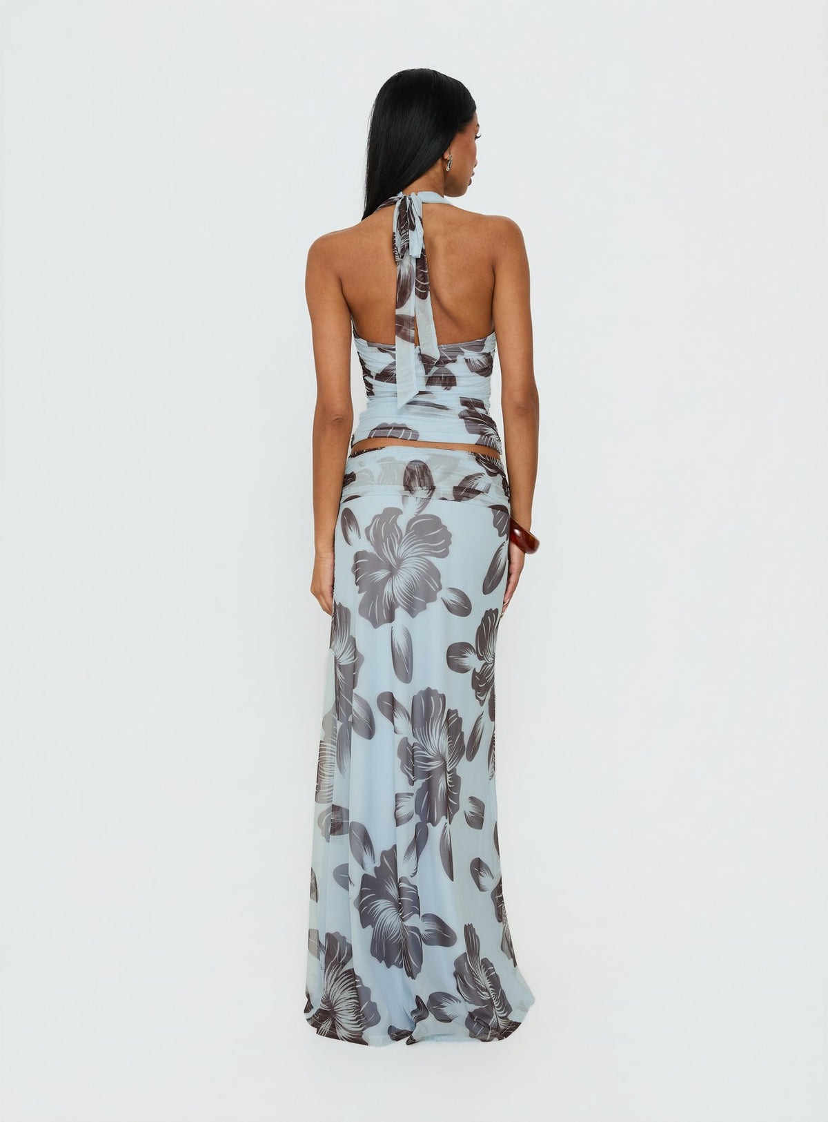 back view of model wearing Princess Polly Roselin Mesh Maxi Skirt Blue Floral Skirts 