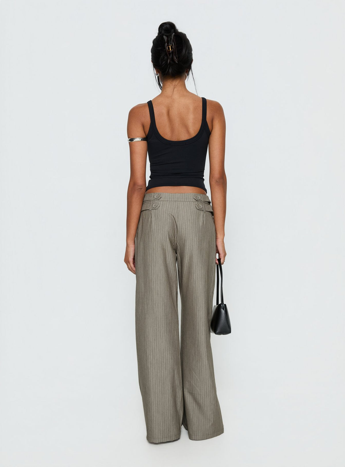back view of model wearing Princess Polly Jette Tailored Buckle Pant Taupe Pinstripe Mid Rise Pants Pants 