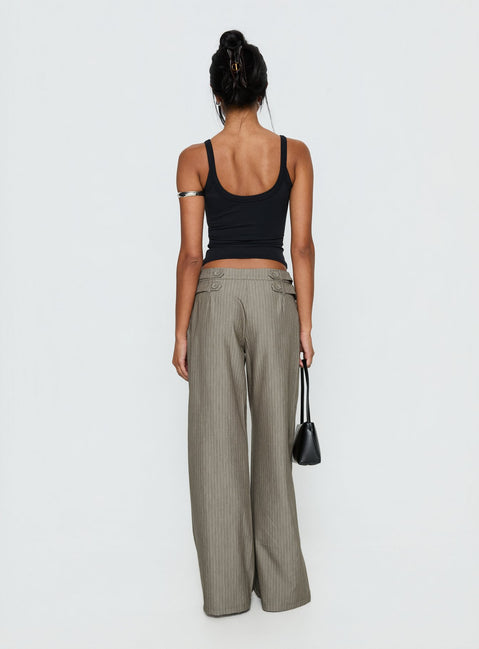 back view of model wearing Princess Polly Jette Tailored Buckle Pant Taupe Pinstripe Mid Rise Pants Pants 