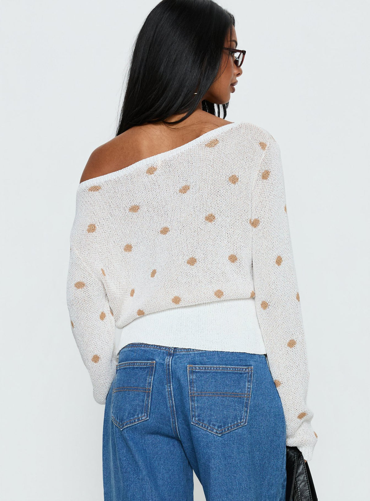 back view of model wearing Princess Polly Harvy Off Shoulder Knit Sweater White Polka regular Jumpers 