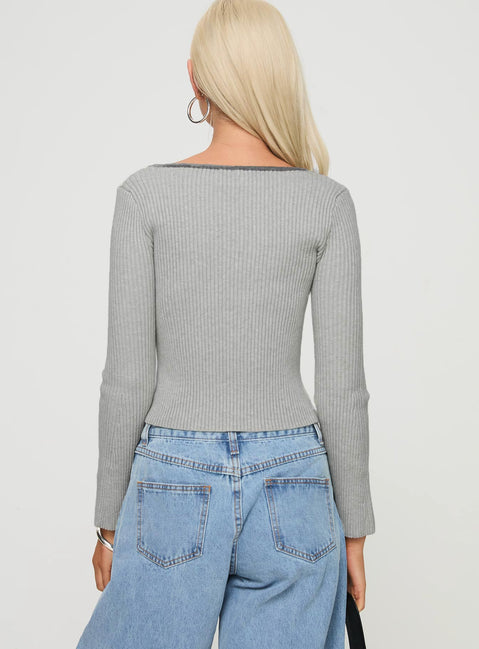 back view of model wearing Princess Polly Tahlea Long Sleeve Top Grey Full Sleeves Scoop Neck 