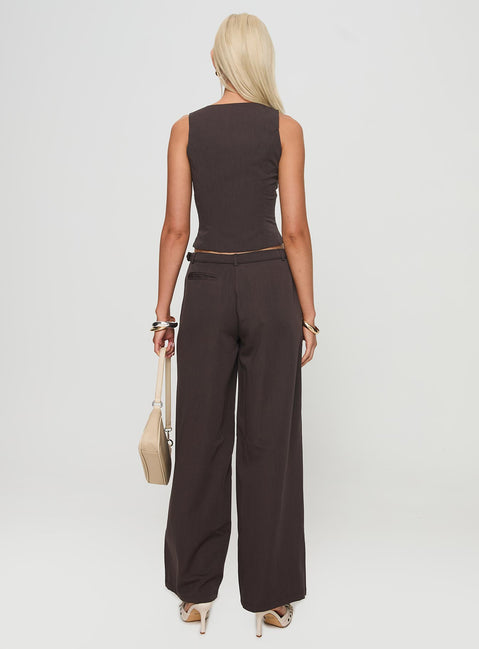 back view of model wearing Princess Polly Miku Pants Brown Mid Rise Pants Pants 